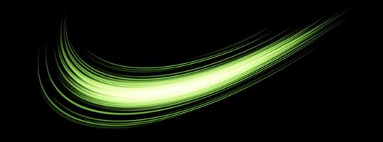 Glowing green lines. Neon realistic energy speed. Abstract light effect on a black background vector