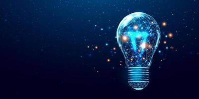 Wireframe polygonal lightbulb. Internet technology network, business idea concept with glowing low poly bulb. Futuristic modern abstract. Isolated on dark blue background. illustration. vector