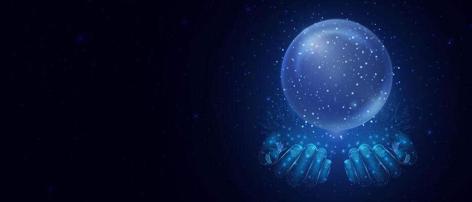 Purple magic fantasy sphere in hands. Crystal ball with glowing sparkles and particles. Energy orb with glow flare light effect
