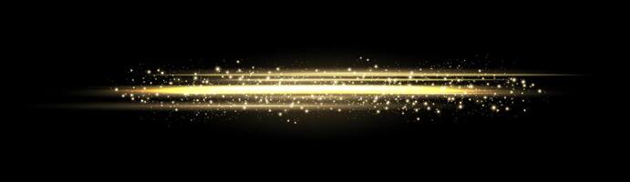 Gold horizontal lensflare. Light flash with rays or gold spotlight and bokeh. Yellow glow flare light effect illustration. Isolated on dark background. vector