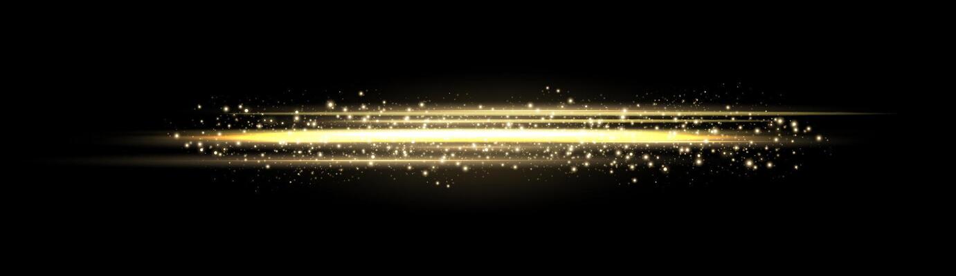 Gold horizontal lensflare. Light flash with rays or gold spotlight and bokeh. Yellow glow flare light effect illustration. Isolated on dark background.