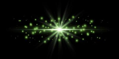 Green horizontal lensflare. Light flash with rays or green spotlight. Glow flare light effect. Isolated on dark background. vector