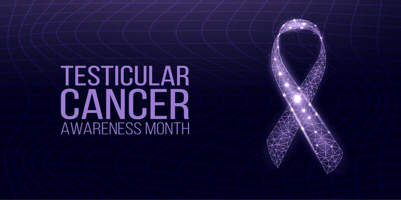 Testicular cancer awareness month concept. Banner with glowing purple ribbon awareness and text. illustration.