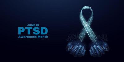 Post-Traumatic Stress Disorder Awareness Month concept. PTSD banner template with glowing low poly. Futuristic modern abstract. Isolated on dark background illustration. vector