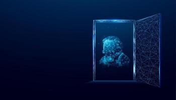 Exploring the digital realm through a futuristic doorway with astronaut presence at night. Banner with glowing wireframe low poly door on dark blue background. Abstract illustration. vector