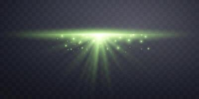 Green horizontal lensflare. Light flash rays or green spotlight. Glow flare light effect vector