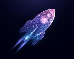 Rocket launch, wireframe polygonal style. Internet technology network, business startup concept with glowing low poly rocket. Futuristic modern vector