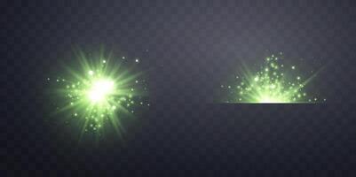 Green horizontal lensflare. Light flash with rays or green spotlight. Glow flare light effect. illustration on dark background. vector