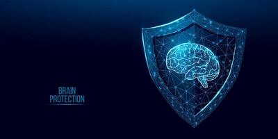 Human brain in guard shield. Cyber security concept with glowing low poly brain and shield on dark blue background. Wireframe low poly design. Abstract futuristic illustration. vector