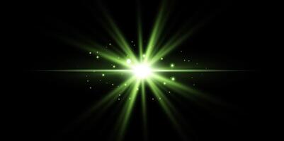 Green horizontal lensflare. Light flash with rays or green spotlight. Glow flare light effect. illustration. Isolated on black background. vector