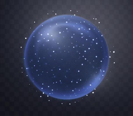 Blue magic fantasy sphere. Crystal ball with glowing sparkles and particles. Energy orb with glow flare light effect