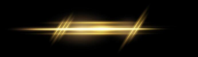 Gold horizontal lensflare. Light flash with rays or gold spotlight and bokeh. Yellow glow flare light effect. illustration. Isolated on dark background. vector