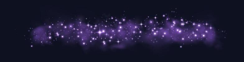 Purple glittering dots, particles, stars, magic sparks with smoke. Glow flare light effect. Purple luminous points in fog, particles on dark background. vector