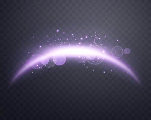 Purple magic arch with sunlight lens flare. Neon realistic energy flare arch. Abstract light effect on a background. illustration.