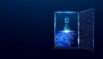 Digital doorway to strategic thinking on a global chessboard illuminated by a glowing king piece. Banner with glowing wireframe low poly door on dark background. vector