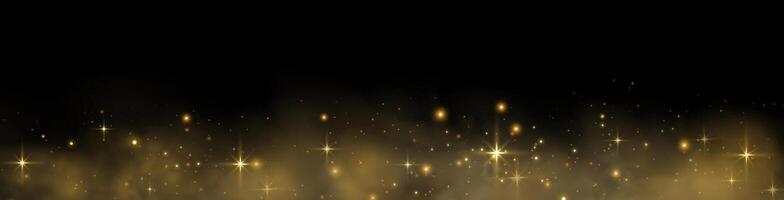 Orange glittering dots, particles, stars magic sparks. Dust cloud flare light effect. Orange luminous points with smoke, particles on black background vector