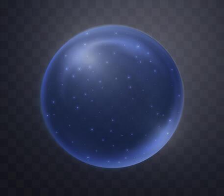Blue magic fantasy sphere. Crystal ball with glowing sparkles and particles. Energy orb with glow flare light effect. Isolated on dark background illustration.