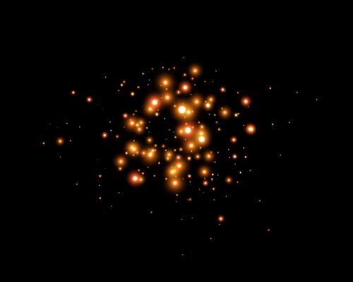 Orange glittering dots, particles, stars magic sparks. Glow flare light effect. Orange luminous points, particles on black background.