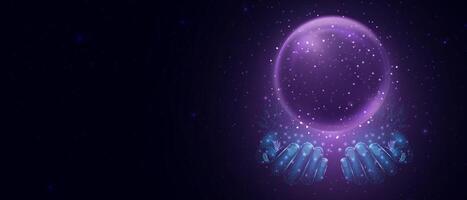 Purple magic fantasy sphere in hands. Crystal ball with glowing sparkles and particles. Energy orb with glow flare light effect. illustration. vector