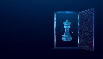 Digital doorway to strategic thinking on a global chessboard illuminated by a glowing king piece. Banner with glowing wireframe low poly door on dark blue background vector
