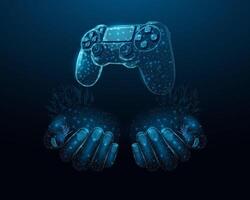 Two human hands are holds gaming controller. Glowing blue lowpoly wireframe joystick on a dark background. illustration design concept for game development technology. vector
