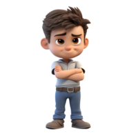 Pouting cartoon boy with arms crossed indoor setting character design playful environment close-up integration png