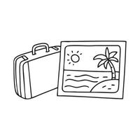 A postcard with a scenic beach view placed next to a suitcase vector