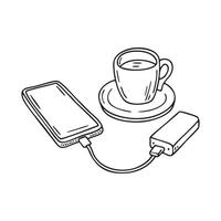 A smartphone charging from a power bank on a table, a cup of coffee beside it vector