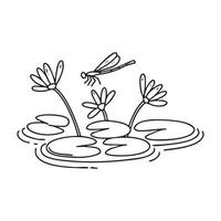Lily pads on a still pond, a dragonfly perched on one vector