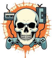 A skull with two game controllers and a cassette tape design illustration vector