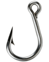 close-up top view of a single sharp shiny metal fish hook with curved barb and ring eye on isolated background png