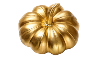 luxury golden pumpkin sculpture with shiny metallic surface, creative decorative object for autumn and thanksgiving design, rich texture on isolated background png