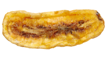 high resolution close-up top view of a single curved dried banana slice with golden color and textured surface on isolated background png
