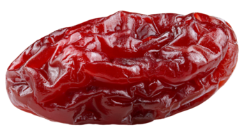 single red dried cherry with wrinkled glossy texture and rich surface detail, high resolution preserved fruit on isolated background png