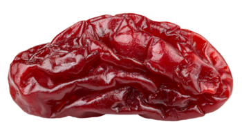 wrinkled red dried cherry with glossy surface and preserved fruit texture, close-up of sweet snack on isolated background png