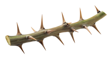 macro close-up of thorny branch with sharp natural thorns on isolated background for botanical and danger concept png