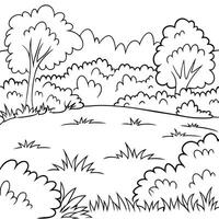 A Simple Black and White Drawing of a Peaceful Landscape Featuring Lush Greenery and Trees vector