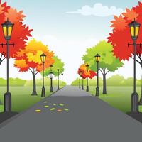 Autumnal Park Pathway with Colorful Trees and Streetlights vector