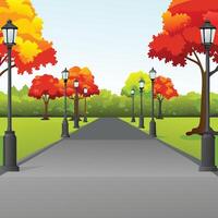 Autumnal Park Pathway with Lampposts and Colorful Trees vector