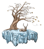Crouching deer lying under a lonely deciduous tree on a floating island png