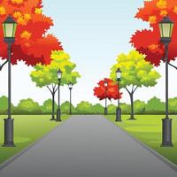 Autumnal Park Pathway with Streetlights and Colorful Trees vector
