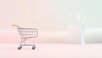 shopping cart with dollar sign on it on a pink background photo
