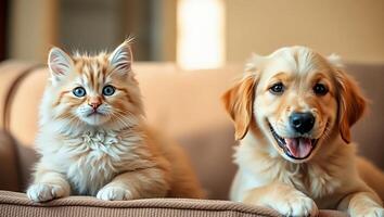 a cat and a dog sitting on a couch photo