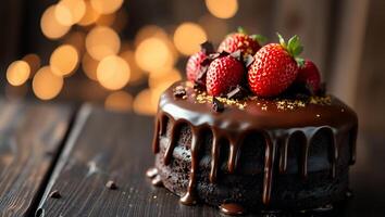 chocolate cake with strawberries on wooden table photo