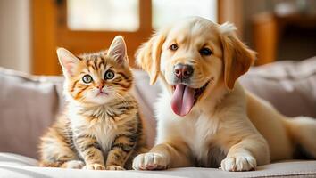 a dog and a kitten sitting on a couch photo