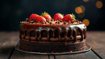 chocolate cake with strawberries on a wooden table photo