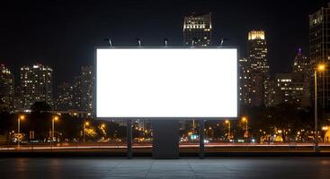 An empty billboard in front of a city at night photo