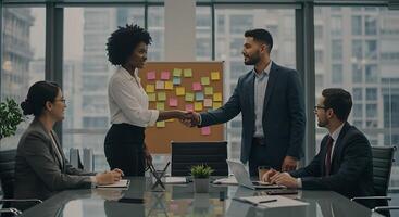 A group of business people shaking hands in an office photo
