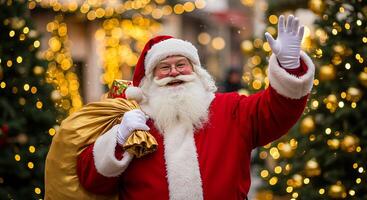 Santa claus waving at the camera with a bag of gifts photo