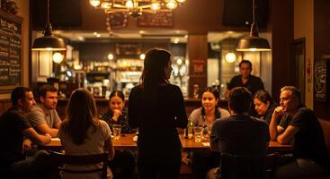Warm Pub Gathering Intimate Conversation Illuminated by Golden Light photo